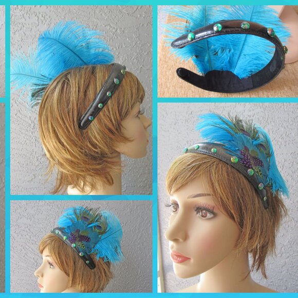 Deco inspired headband, 20s Flapper style, Peacock, blue, teal feathers on black - Picture 7 of 12